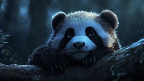 Softly lit stylized panda cub rendered in cinematic 3D realism