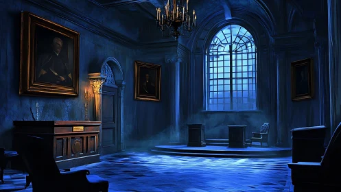 Moonlit hall of portraits and quiet, waiting conversations.