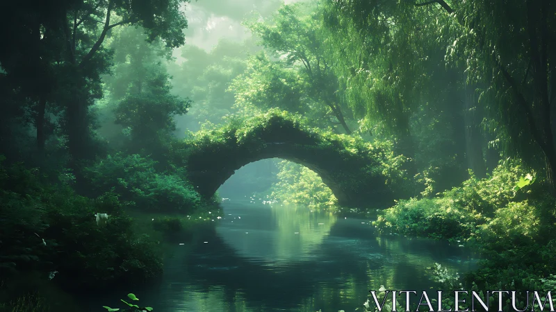 Moss-covered stone bridge spans misty emerald forest river.