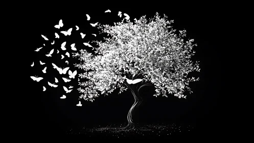 Butterfly-born tree dissolving into luminous white flight.