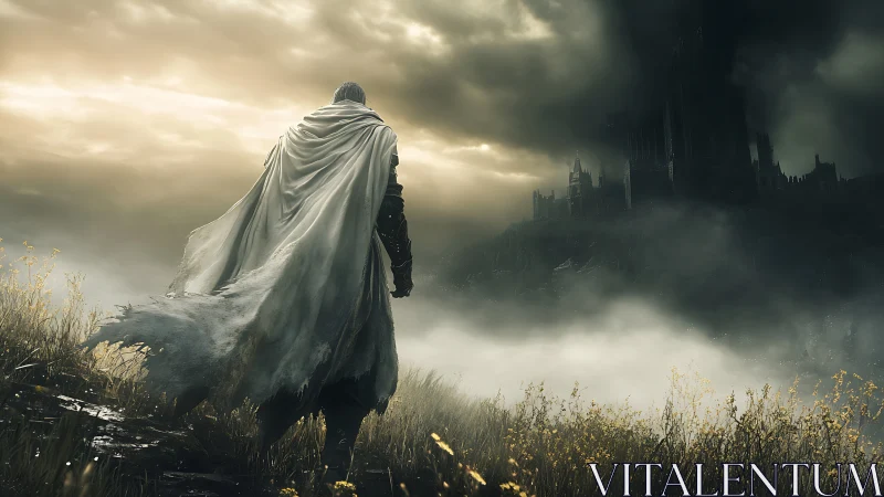 Lone cloaked warrior approaches a mist-shrouded dark citadel.