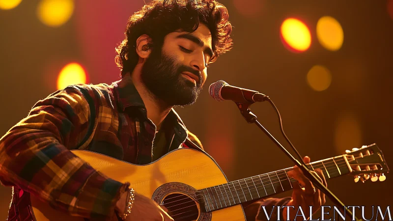 Male guitarist performing on stage under warm lighting.