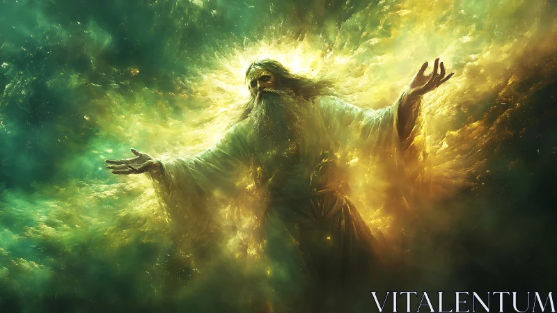 Radiant robed figure emerging from turbulent luminous nebula field