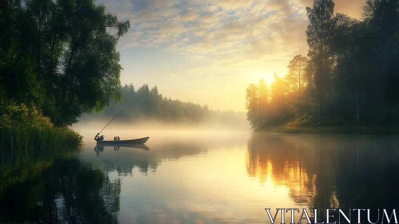 Soft sunrise mist hushes a lone fishing boat on glassy lake