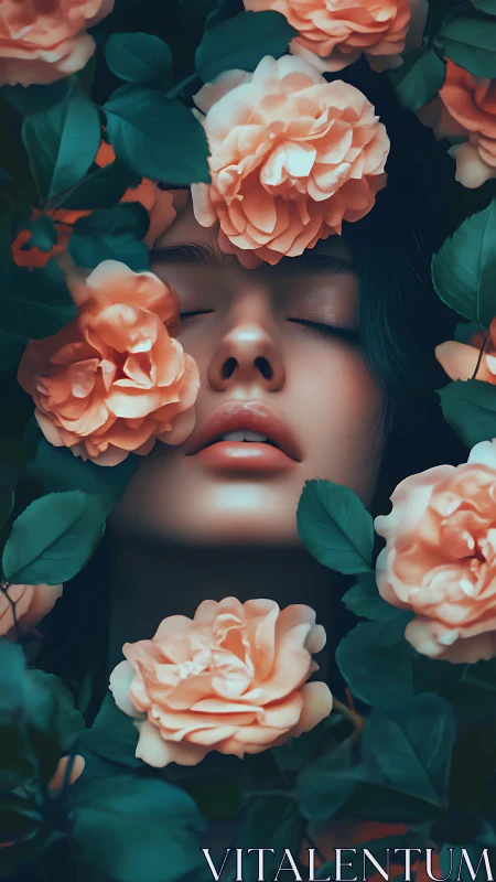 Female face framed by dense peach roses and foliage.