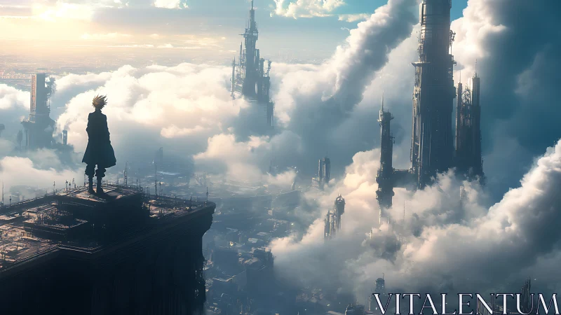 Skyborn wanderer overlooking towering cloud-forged spires.