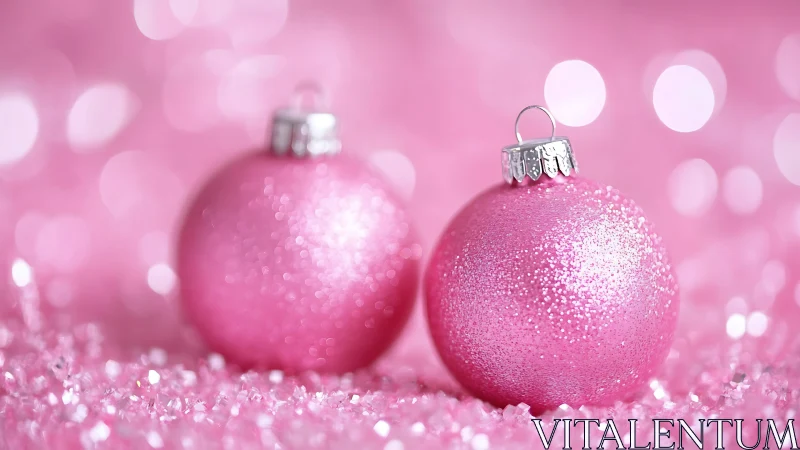 Glittered pink baubles on granular surface with shallow bokeh field