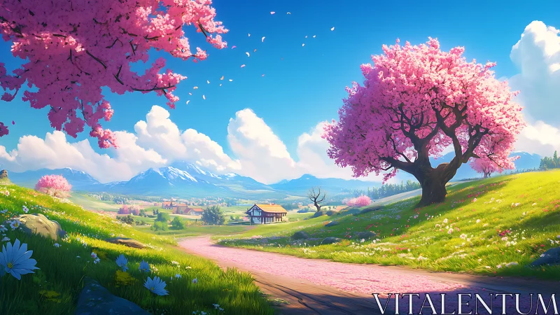 Spring valley path under vivid cherry blossom skies.