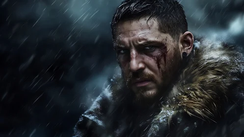 Battle-scarred warrior in blizzard storm with cinematic lighting.