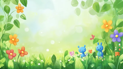 Playful blue creatures in luminous spring garden landscape.