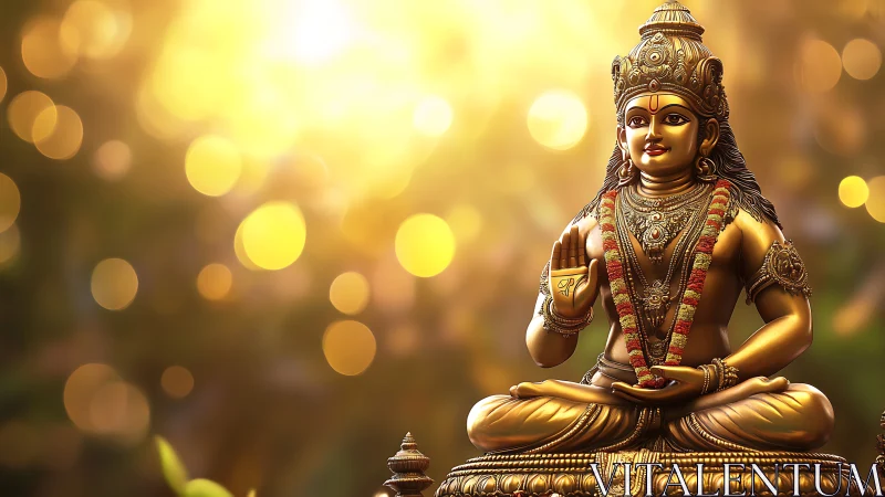 Golden deity statue glowing gently in soft evening light.