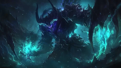 Armored spectral titan channels teal energy in darkness