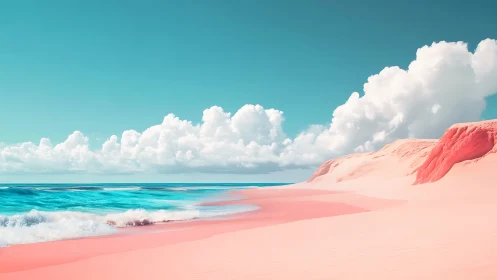 Surreal Pink Beach Shoreline with Turquoise Waters and Coastal Cliff Formation