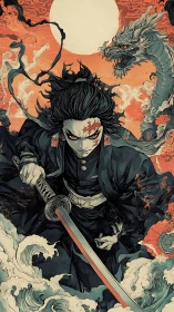 Samurai warrior under blood moon with dragon rising behind.