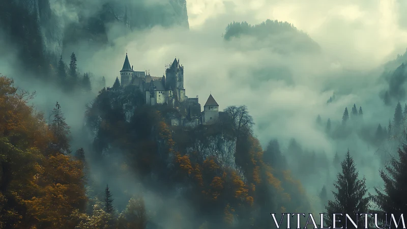 Mountain castle amid dense forest and low valley fog layer.
