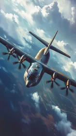 Four engine military transport plane cutting through clouds.