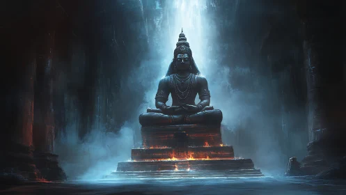 Colossal meditative deity statue in misted cavern with firelit altar