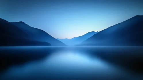 Quiet blue mountains cradling a glassy dawnlit lake.