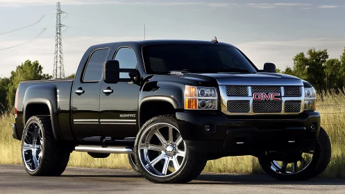 Black lifted GMC pickup truck with chrome wheels at sunset.