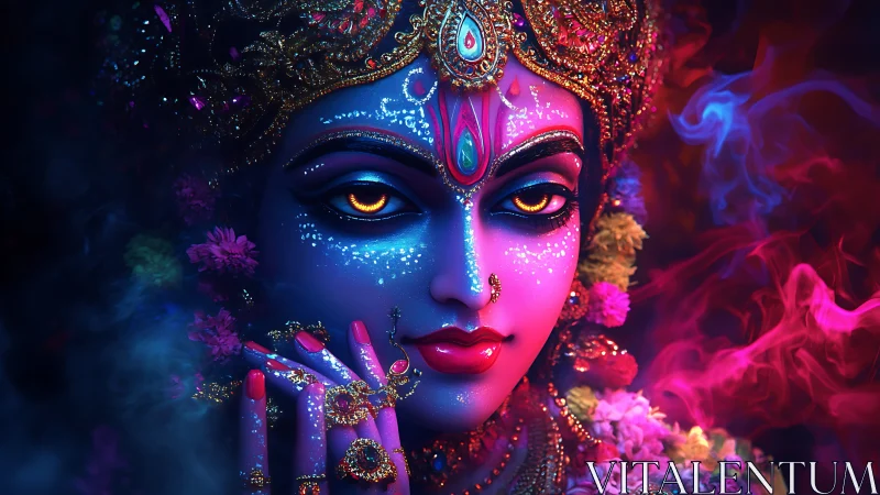 Divine neon goddess portrait in glowing sacred aura.