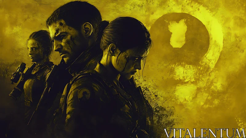 Three armed soldiers stand in profile before skull symbol