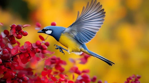 Vibrant Blue-Yellow Bird in Flight Among Red Berries, Nature Art.