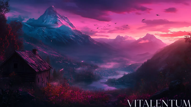 Pink twilight valley with cabin and distant snowy peaks.