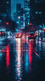 Rainy neon city street reflects car lights at night