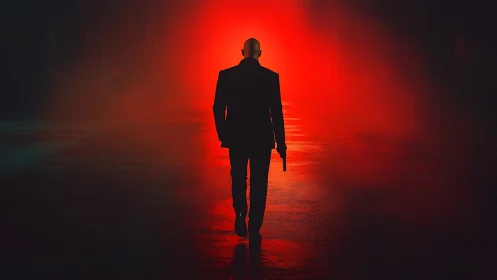 Bald suited figure walks toward intense red backlight