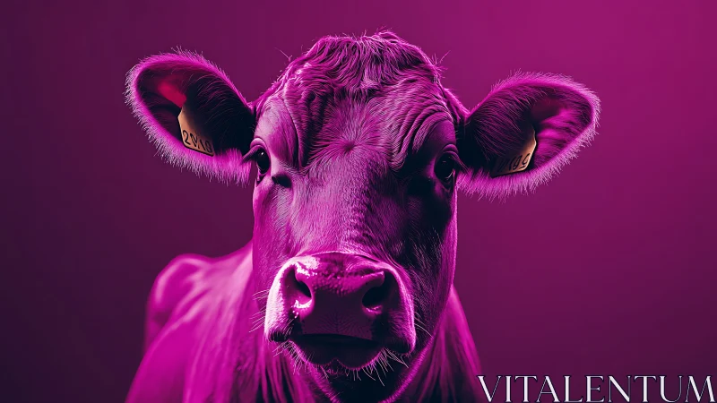 Neon magenta cow portrait rendered in hyperreal digital lighting
