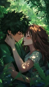 Sun-dappled forest kiss between shy, blushing soulmates.