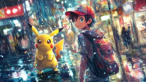 Trainer and electric creature walk through neon city rain