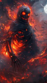 Flaming skeletal wraith figure in a dark infernal scene.