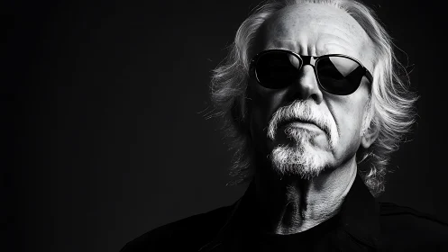 Monochrome portrait of stern older man in dark sunglasses.