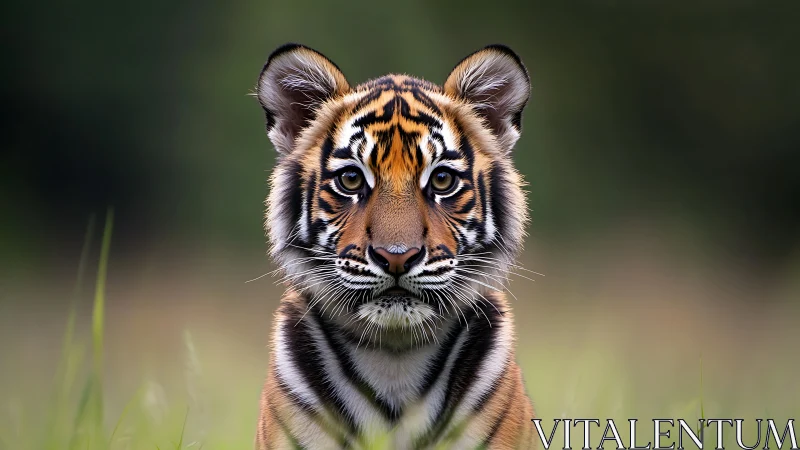 Tiger cub portrait faces camera in soft green meadow