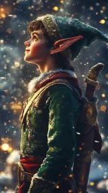 Young winter elf gazing upward in glowing snowfall twilight.