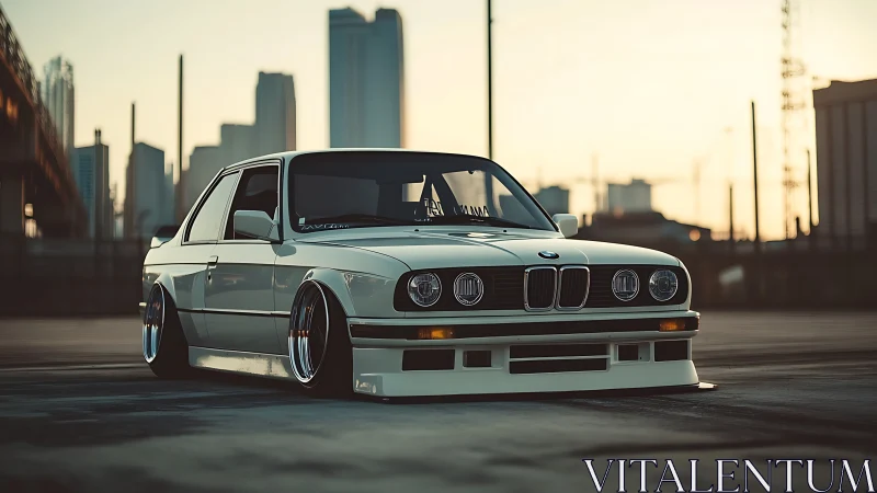Low-slung classic BMW resting in golden city sunset.