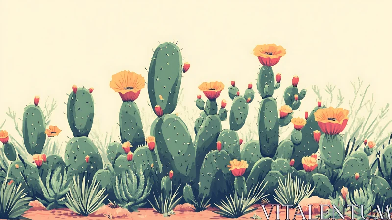 Desert Prickly Pear Ecosystem Rendered with Blooming Orange Flowers