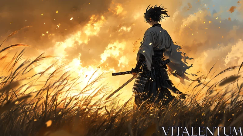 Lone samurai in blazing sunset field, cinematic stance.