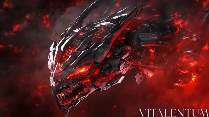 Cybernetic dragon head in red plasma cloud, 3D hard-surface construct.