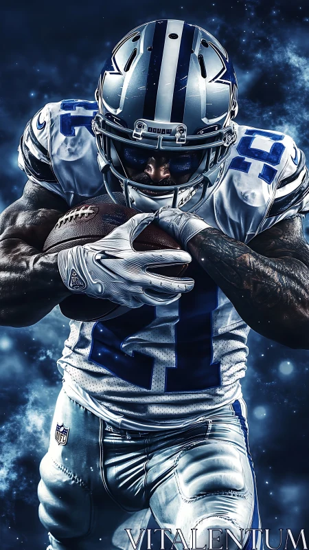 Epic gridiron charge under swirling stadium lights.