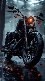 Midnight road warrior idles in rainlit forest hush.