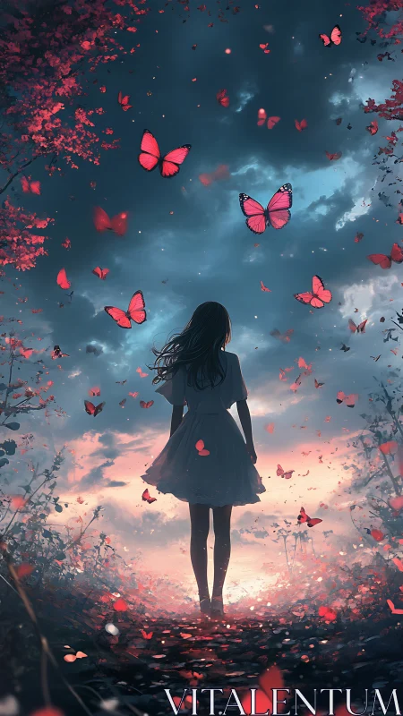 Silhouetted girl observing red butterflies at twilight sky.