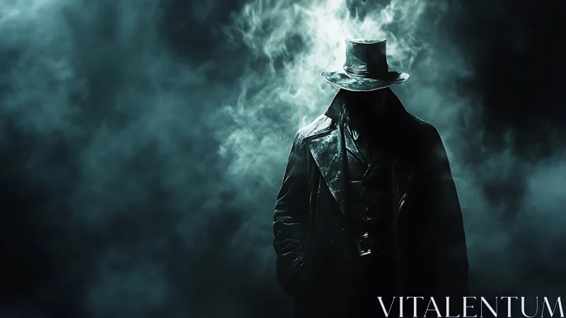 Mysterious trench coat wanderer in drifting night fog.