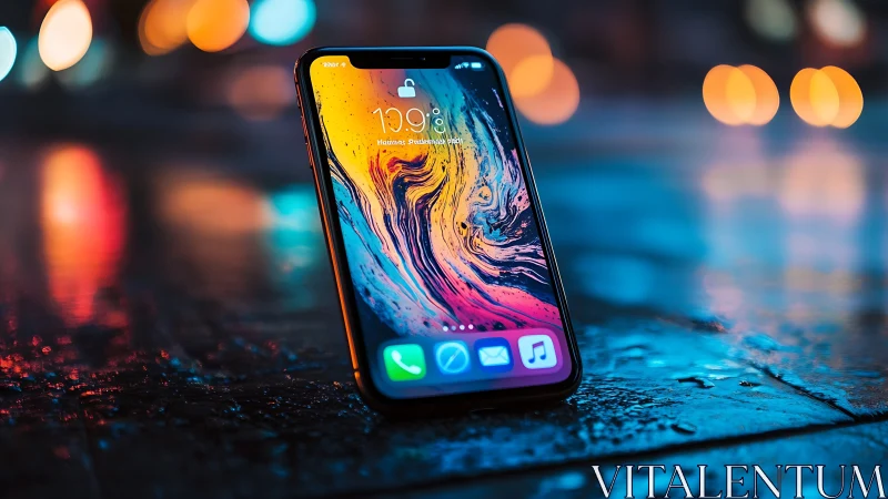 Neon-drenched smartphone glows against rain-slick city night.