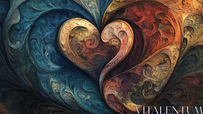 Fractal heart forms swirl through blue and ember-toned space