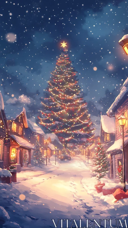 Snowy village street with towering lit Christmas tree.