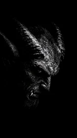 Shadowed horned creature gazes from darkness with quiet power