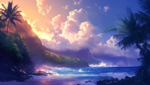 Tropical coastal cliffs at sunset with dramatic cloud formations