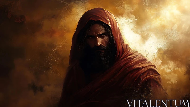 Digital painting portrait of hooded figure in radiant chiaroscuro.